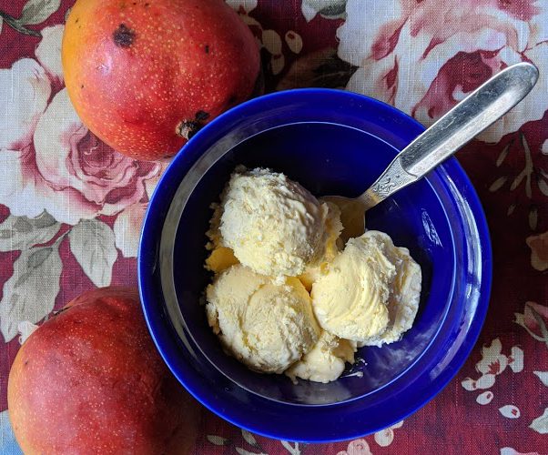 overhead view of mango ice cream in a bowl