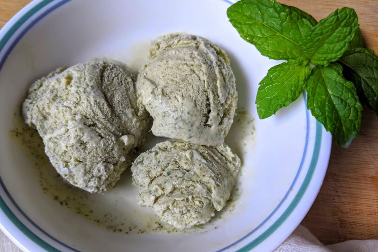 mint ice cream in bowl with mint leaves on the side