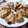 Eight cranberry scones on a plate, viewed from the side