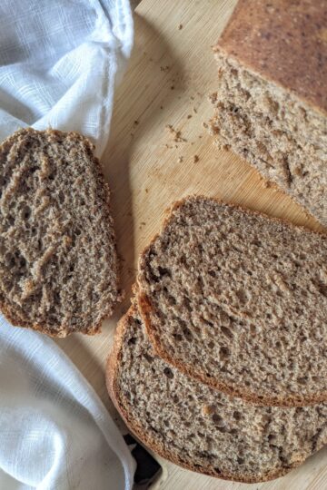 Flax Bread birds-eye view with many slices cut