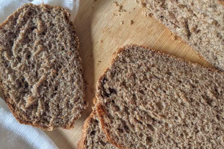 Flax Bread birds-eye view with many slices cut