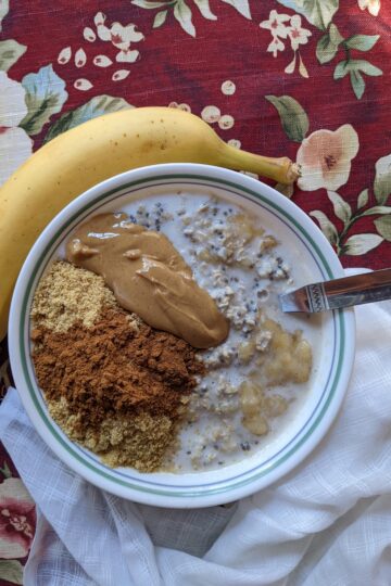 Overnight oats with toppings and a banana on the side