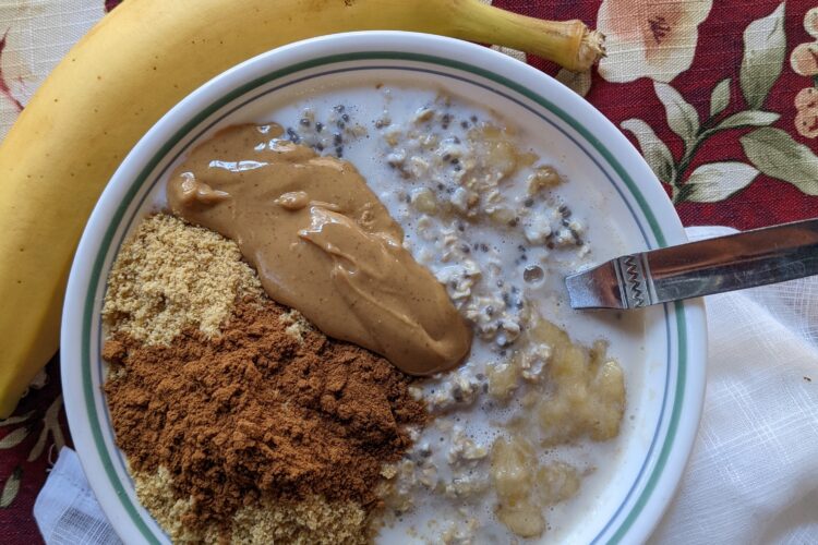 Overnight oats with toppings and a banana on the side